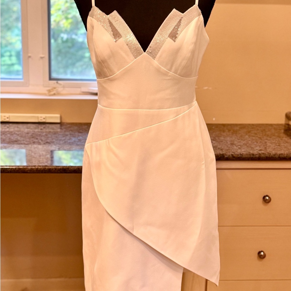 BCBGMaxAzria Cream Asymmetrical Dress With Silver and Grey Sequins On The Front